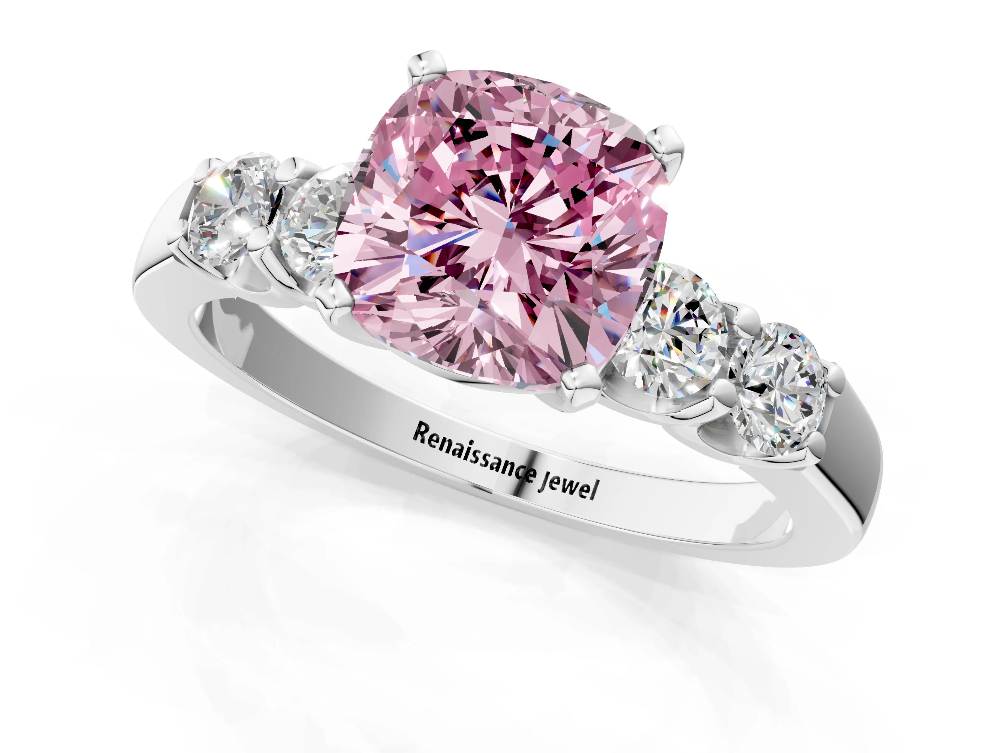 White gold Fancy Pink Cushion Cut Brilliant Diamond Five-Stone Engagement Ring with Prong Setting on a Classic Band_4