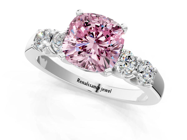White gold Fancy Pink Cushion Cut Brilliant Diamond Five-Stone Engagement Ring with Prong Setting on a Classic Band