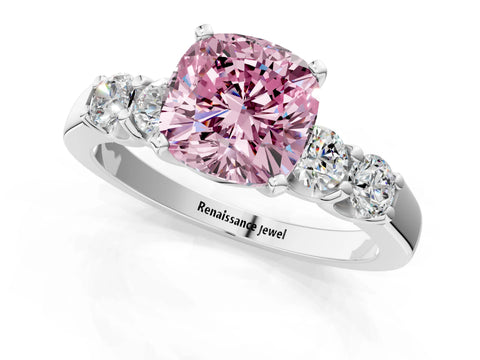 White gold Fancy Pink Cushion Cut Brilliant Diamond Five-Stone Engagement Ring with Prong Setting on a Classic Band_4