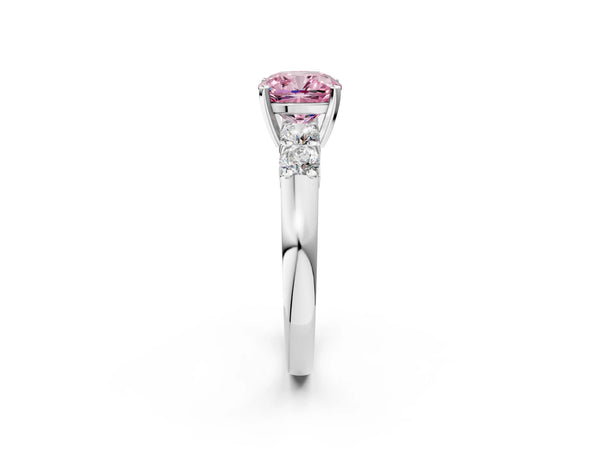 White gold Fancy Pink Cushion Cut Brilliant Diamond Five-Stone Engagement Ring with Prong Setting on a Classic Band