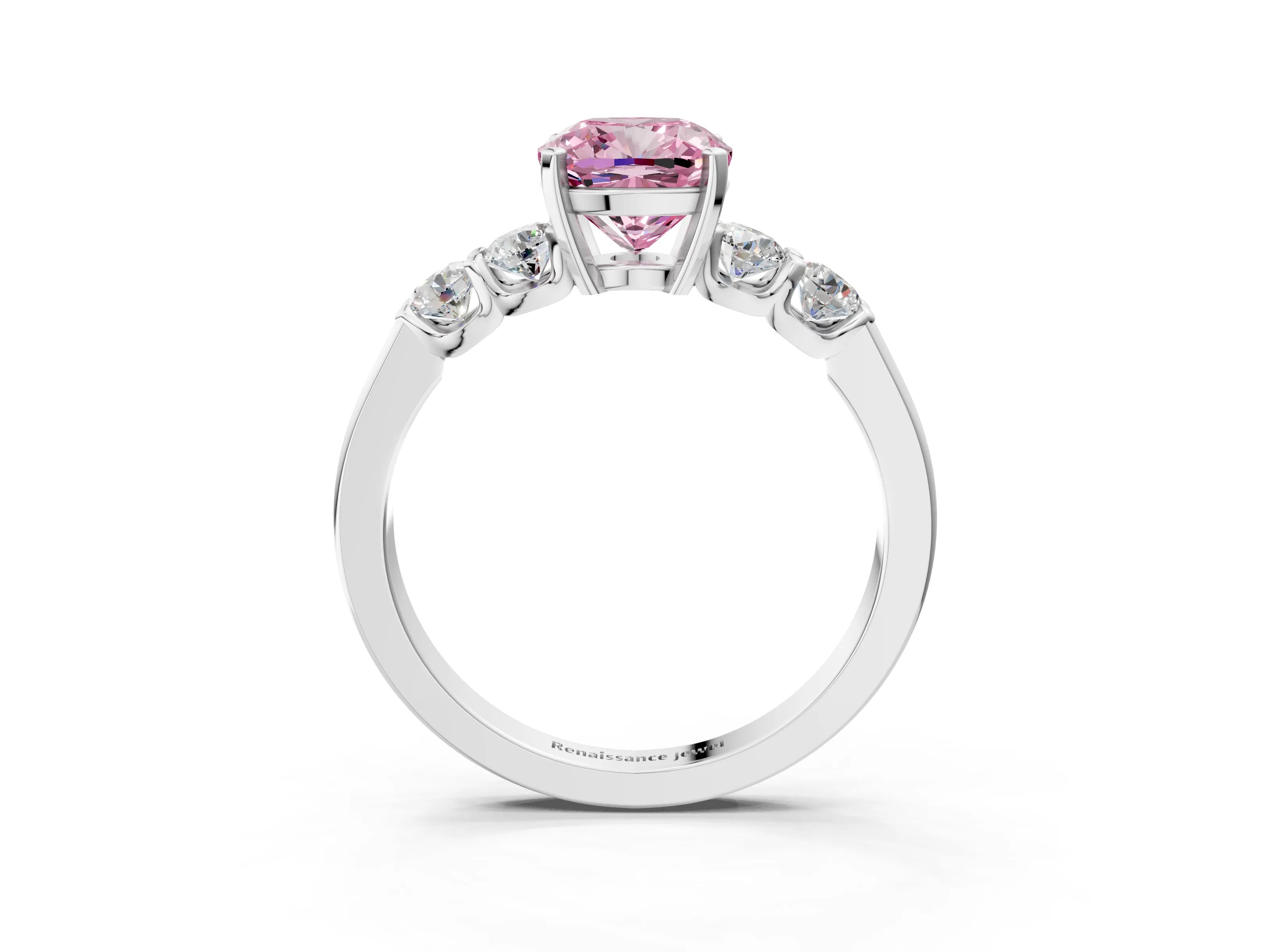 White gold Fancy Pink Cushion Cut Brilliant Diamond Five-Stone Engagement Ring with Prong Setting on a Classic Band_6
