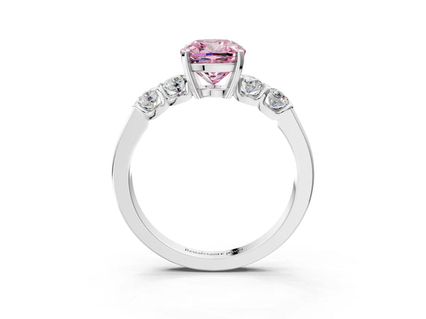 White gold Fancy Pink Cushion Cut Brilliant Diamond Five-Stone Engagement Ring with Prong Setting on a Classic Band