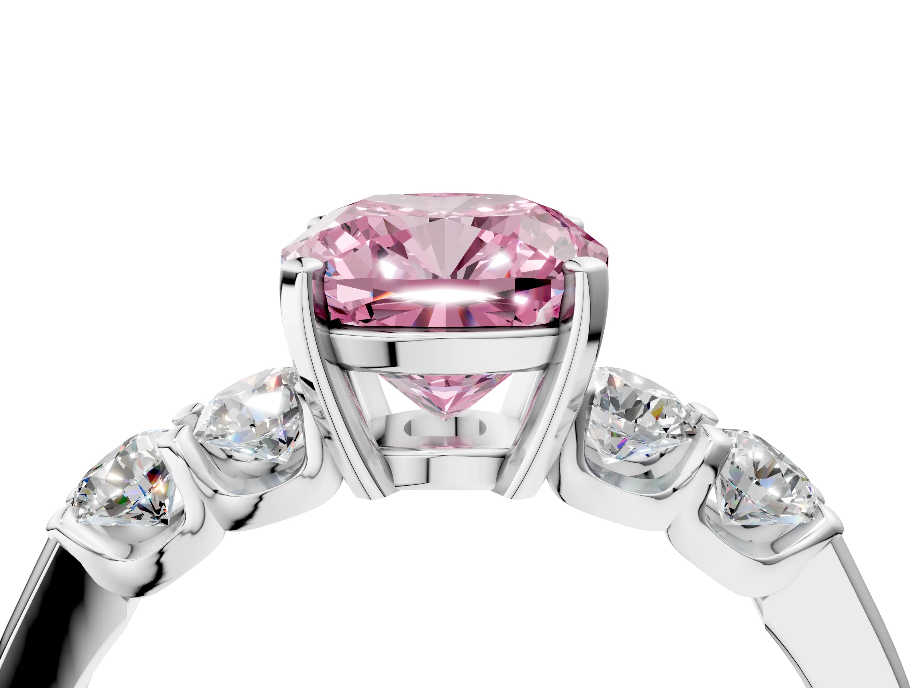 White gold Fancy Pink Cushion Cut Brilliant Diamond Five-Stone Engagement Ring with Prong Setting on a Classic Band_7