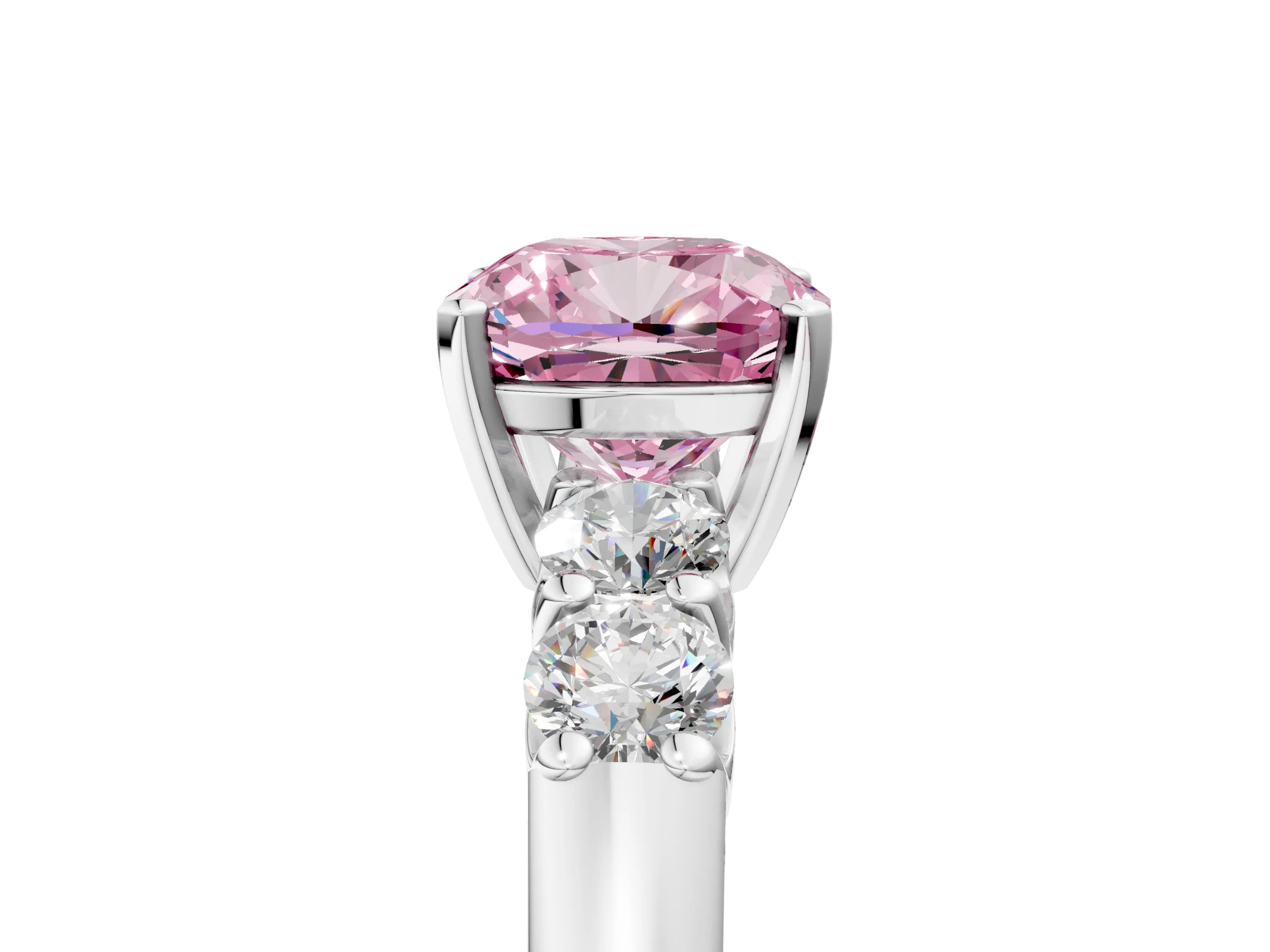 White gold Fancy Pink Cushion Cut Brilliant Diamond Five-Stone Engagement Ring with Prong Setting on a Classic Band_8