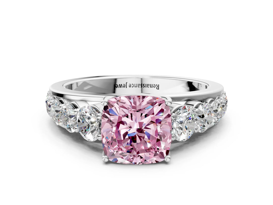 White gold Fancy Pink Cushion Cut Brilliant Diamond Pavé Band with Six-Prong Setting_12