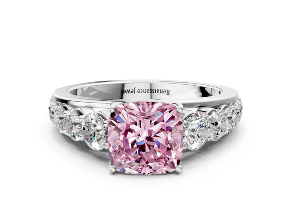 White gold Fancy Pink Cushion Cut Brilliant Diamond Pavé Band with Six-Prong Setting