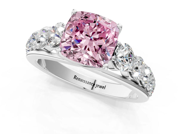 White gold Fancy Pink Cushion Cut Brilliant Diamond Pavé Band with Six-Prong Setting