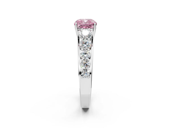 White gold Fancy Pink Cushion Cut Brilliant Diamond Pavé Band with Six-Prong Setting