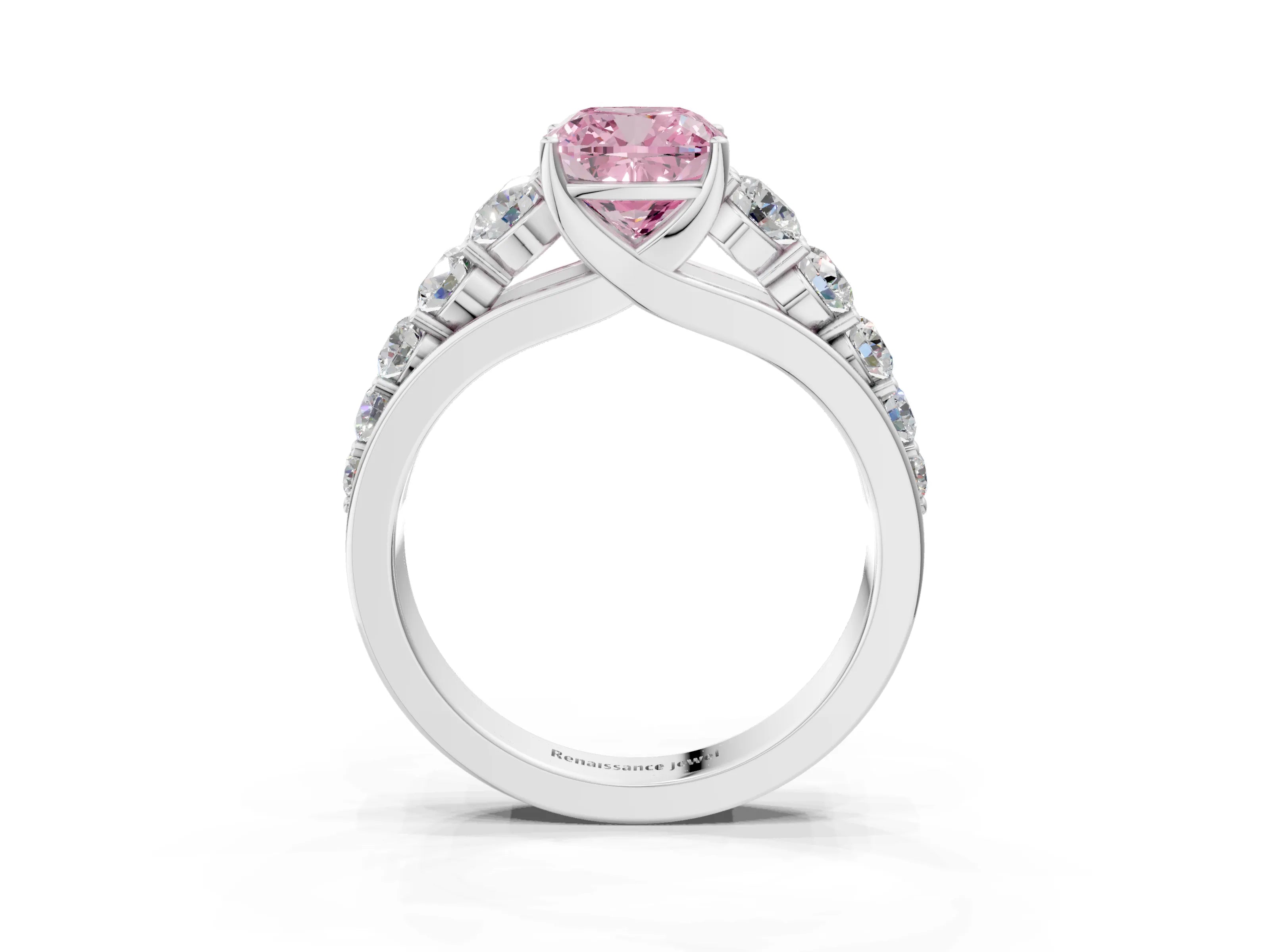 White gold Fancy Pink Cushion Cut Brilliant Diamond Pavé Band with Six-Prong Setting_3