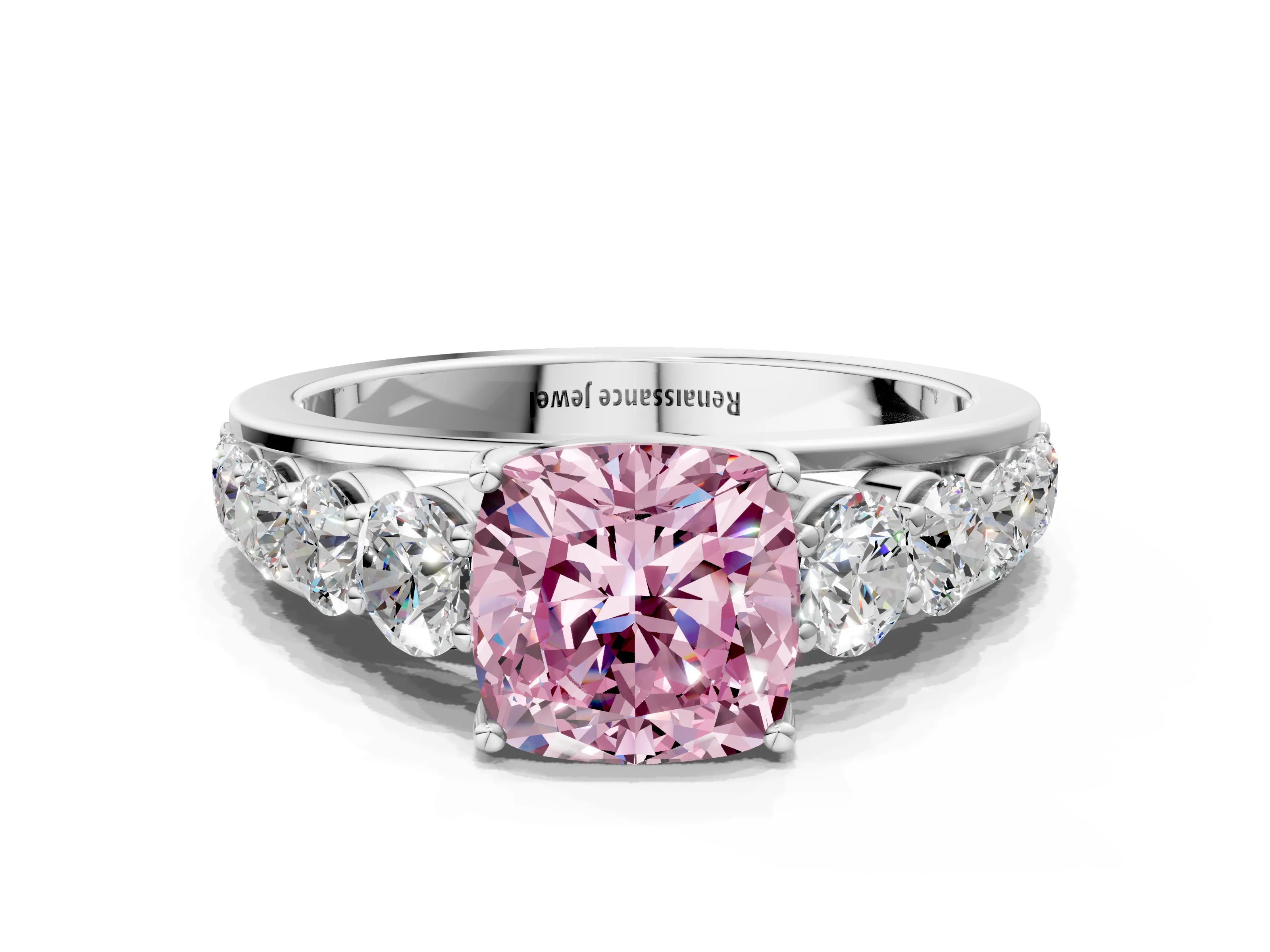 White gold Fancy Pink Cushion Cut Brilliant Diamond Pavé Band with Six-Prong Setting