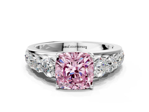 White gold Fancy Pink Cushion Cut Brilliant Diamond Pavé Band with Six-Prong Setting