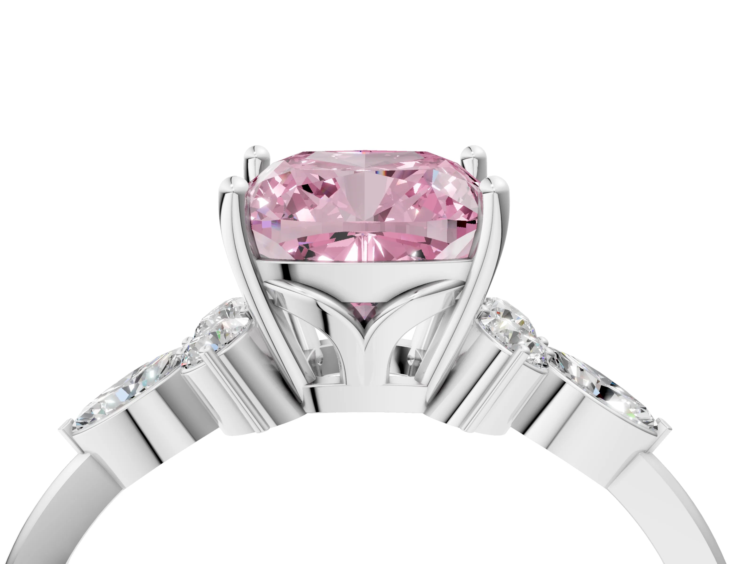 White gold Fancy Pink Cushion Cut Brilliant Diamond Solitaire Ring with Pear Side Stones and Four-Prong Setting_10