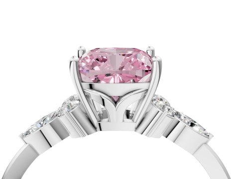 White gold Fancy Pink Cushion Cut Brilliant Diamond Solitaire Ring with Pear Side Stones and Four-Prong Setting_10