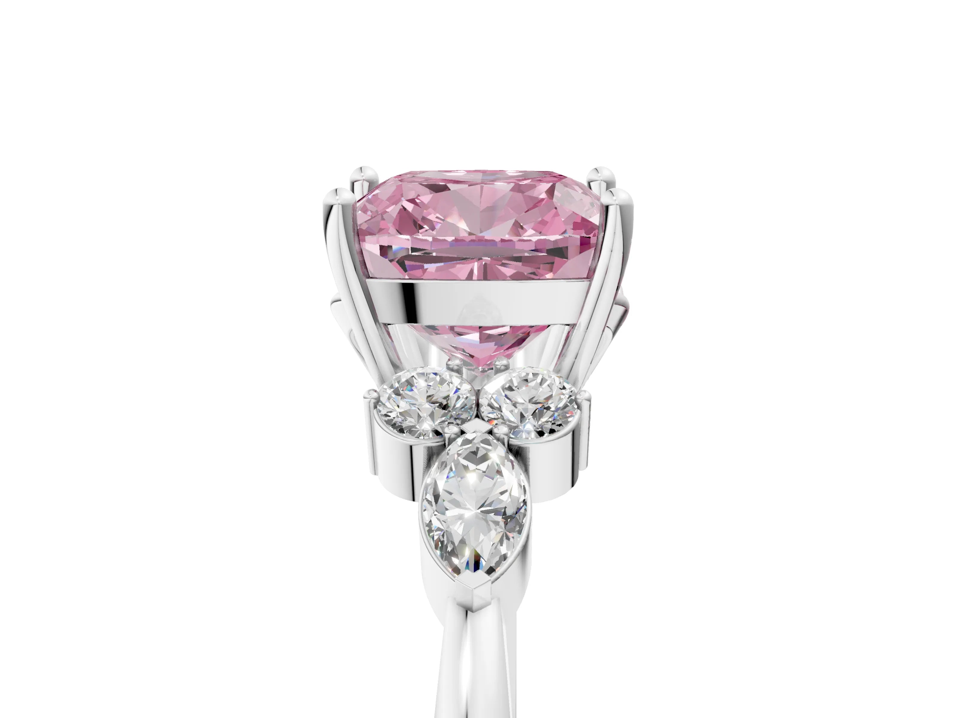 White gold Fancy Pink Cushion Cut Brilliant Diamond Solitaire Ring with Pear Side Stones and Four-Prong Setting_11
