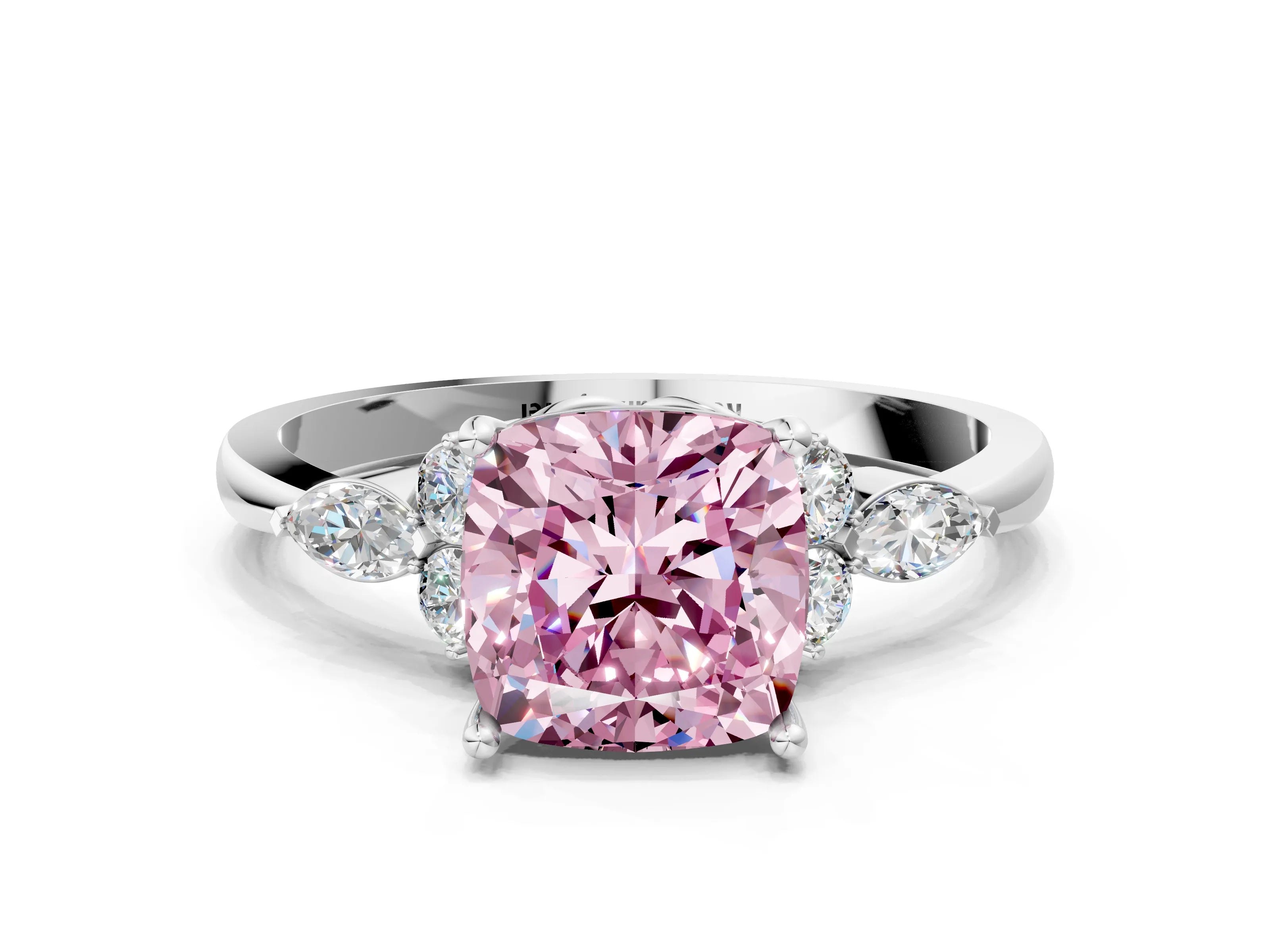 White gold Fancy Pink Cushion Cut Brilliant Diamond Solitaire Ring with Pear Side Stones and Four-Prong Setting_6