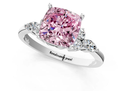 White gold Fancy Pink Cushion Cut Brilliant Diamond Solitaire Ring with Pear Side Stones and Four-Prong Setting_7