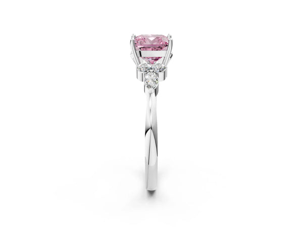 Platinum Fancy Pink Cushion Cut Brilliant Diamond Solitaire Ring with Pear Side Stones and Four-Prong Setting