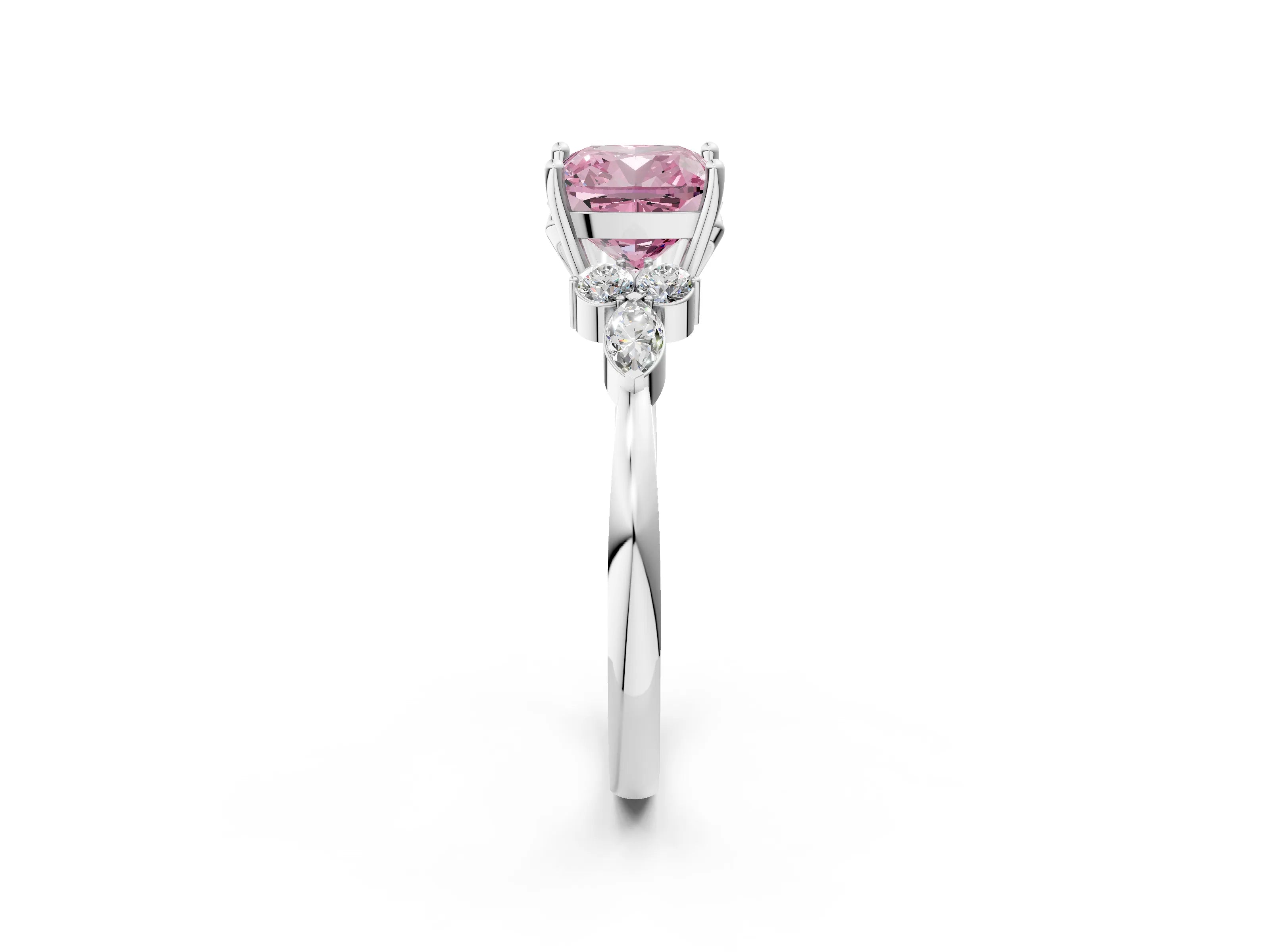 White gold Fancy Pink Cushion Cut Brilliant Diamond Solitaire Ring with Pear Side Stones and Four-Prong Setting_8