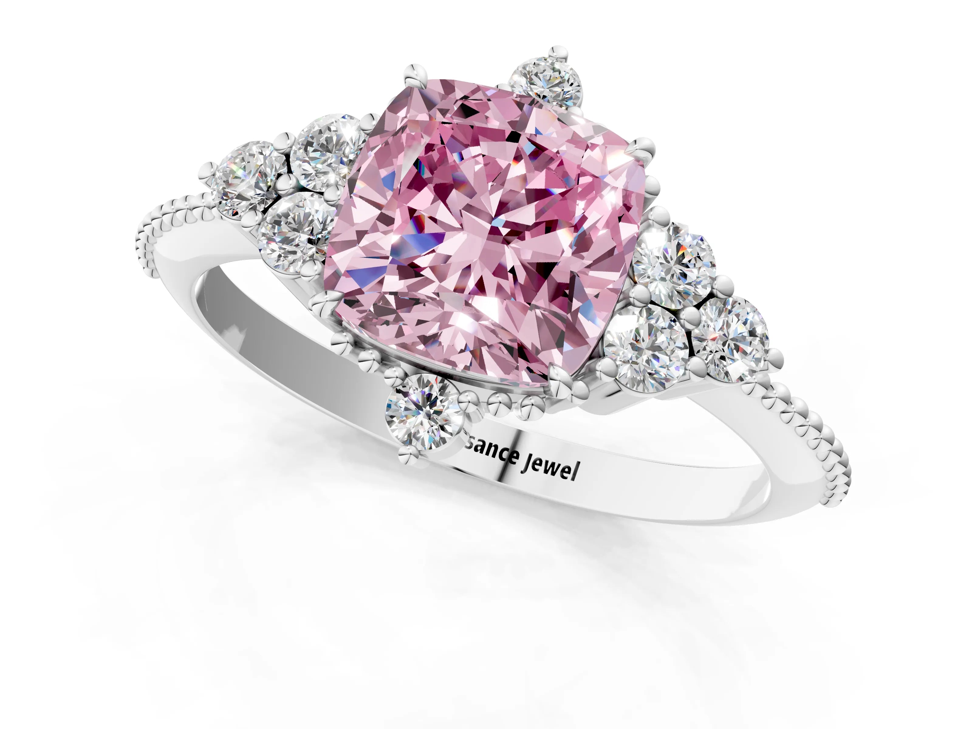 White gold Fancy Pink Cushion Cut Brilliant Diamond with Cluster Setting on a Beaded Band and Four-Prong Setting_1