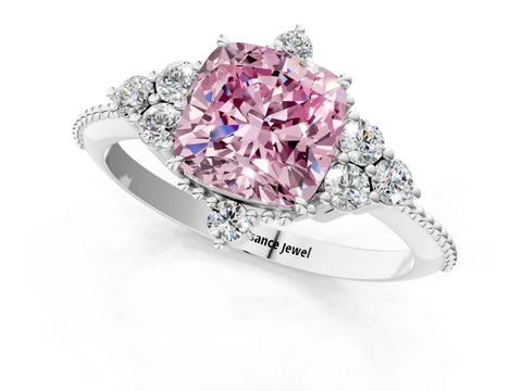 White gold Fancy Pink Cushion Cut Brilliant Diamond with Cluster Setting on a Beaded Band and Four-Prong Setting_10