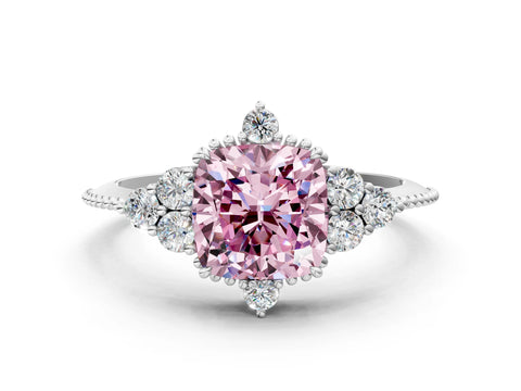 White gold Fancy Pink Cushion Cut Brilliant Diamond with Cluster Setting on a Beaded Band and Four-Prong Setting_12