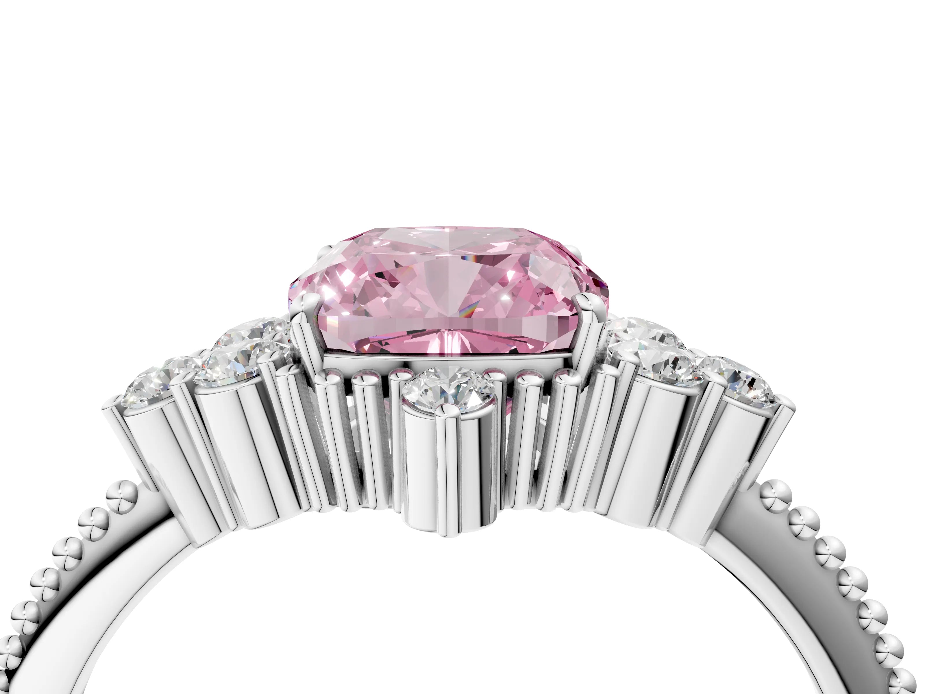 White gold Fancy Pink Cushion Cut Brilliant Diamond with Cluster Setting on a Beaded Band and Four-Prong Setting_16