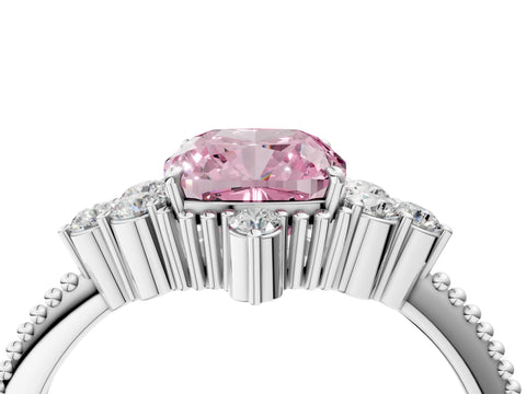 White gold Fancy Pink Cushion Cut Brilliant Diamond with Cluster Setting on a Beaded Band and Four-Prong Setting_16