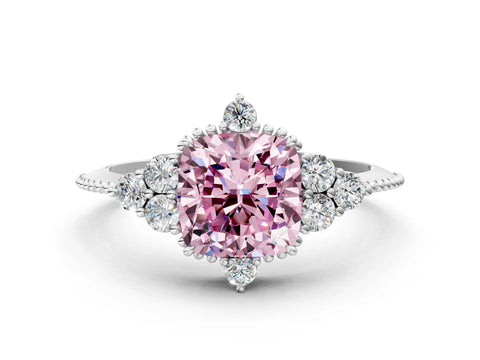 White gold Fancy Pink Cushion Cut Brilliant Diamond with Cluster Setting on a Beaded Band and Four-Prong Setting_46
