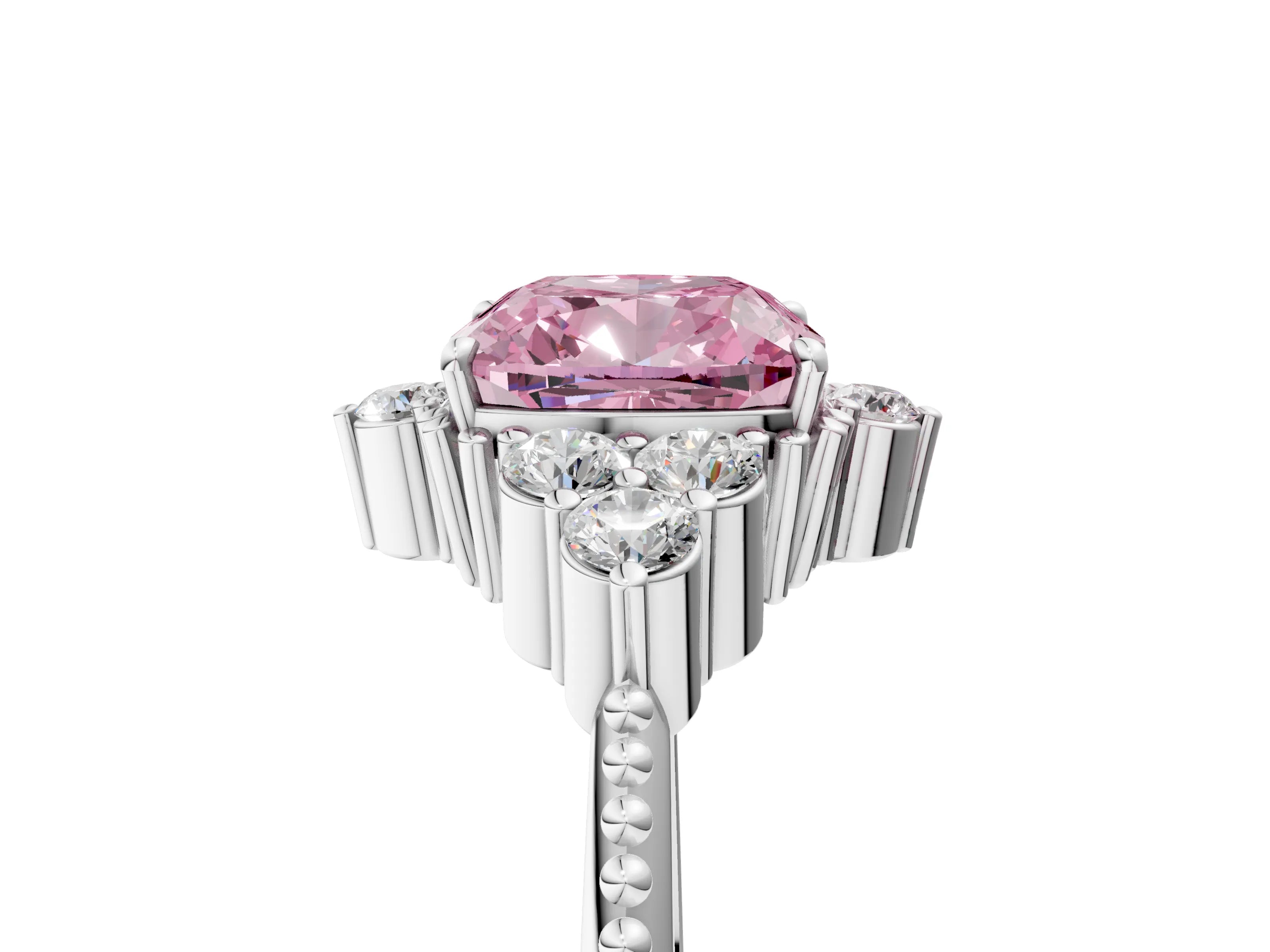 White gold Fancy Pink Cushion Cut Brilliant Diamond with Cluster Setting on a Beaded Band and Four-Prong Setting_5