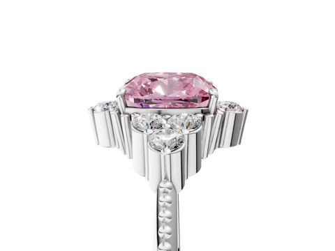 White gold Fancy Pink Cushion Cut Brilliant Diamond with Cluster Setting on a Beaded Band and Four-Prong Setting_5