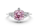White gold Fancy Pink Cushion Cut Brilliant Diamond with Cluster Setting on a Beaded Band and Four-Prong Setting