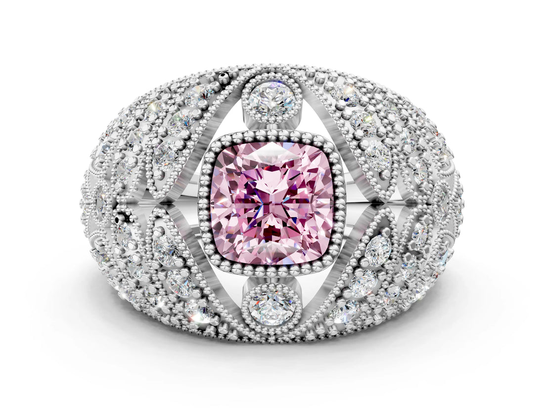 White gold Fancy Pink Cushion Cut Brilliant Halo Pave Diamond Milgrain Ring
