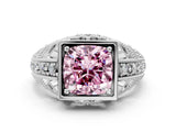 White gold Fancy Pink Cushion Cut Brilliant Milgrain Filigree Diamond Ring with Square Prong Setting