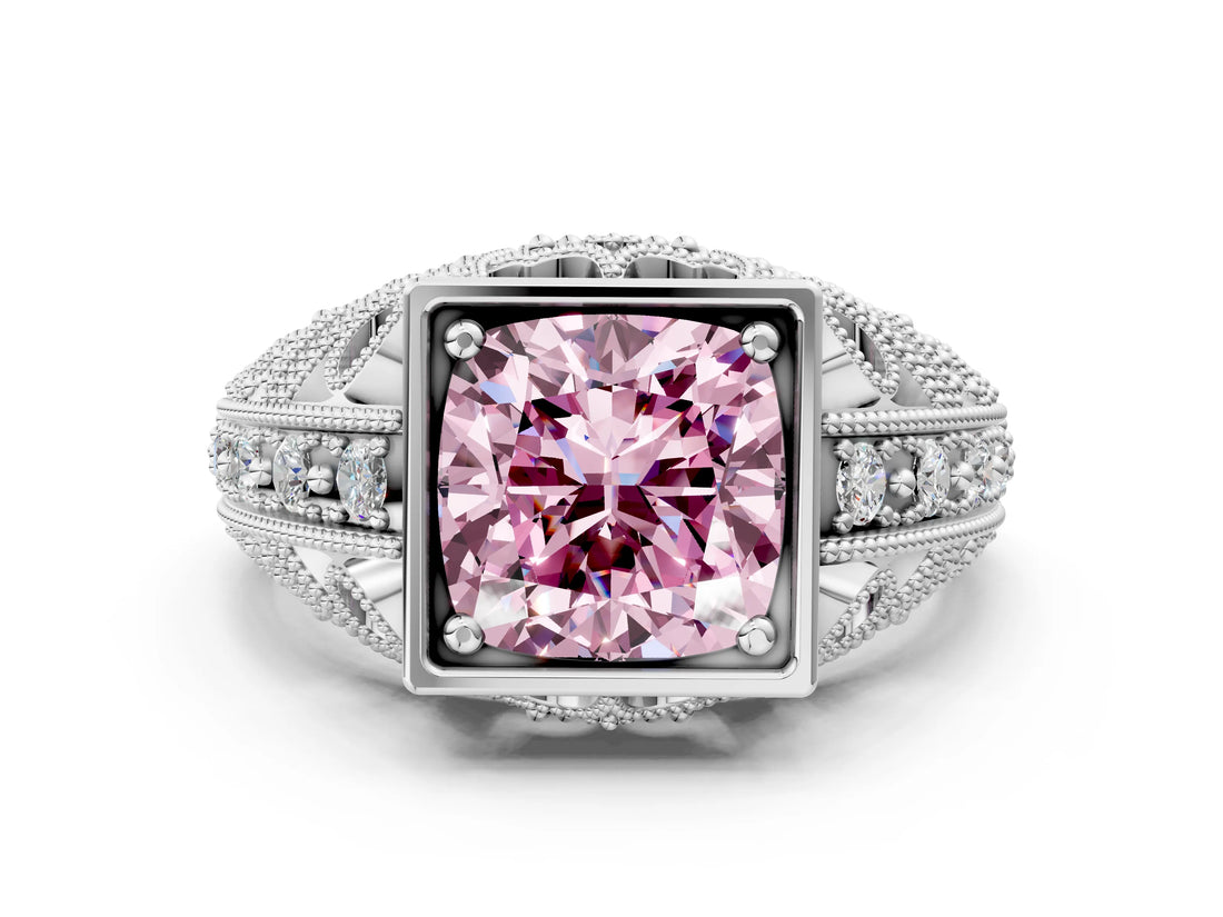 White gold Fancy Pink Cushion Cut Brilliant Milgrain Filigree Diamond Ring with Square Prong Setting_12