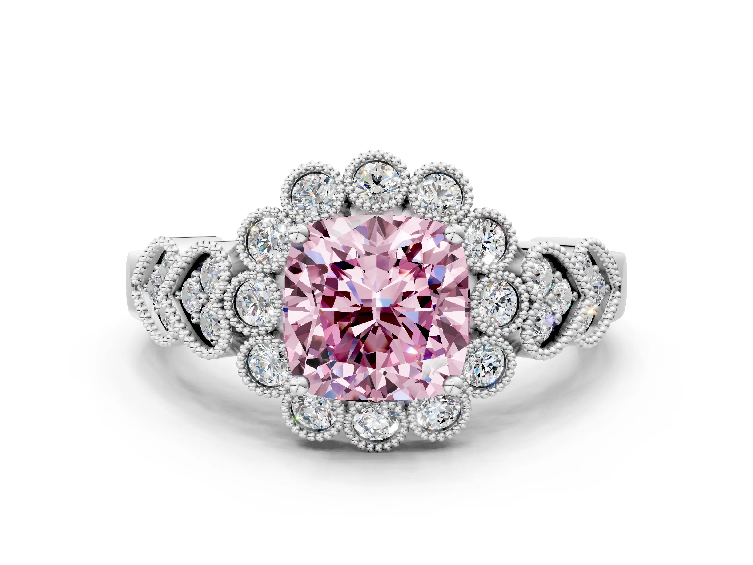 White gold Fancy Pink Cushion Cut Brilliant Milgrain Pave Heart Band Solitaire Ring