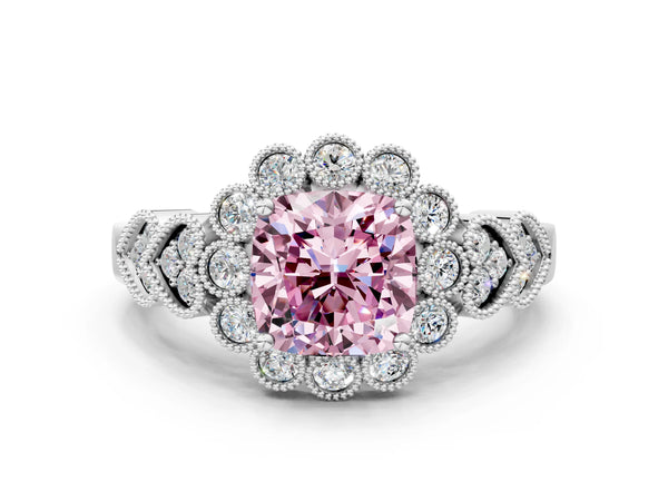Platinum Fancy Pink Cushion Cut Brilliant Milgrain Pave Heart Band Solitaire Ring