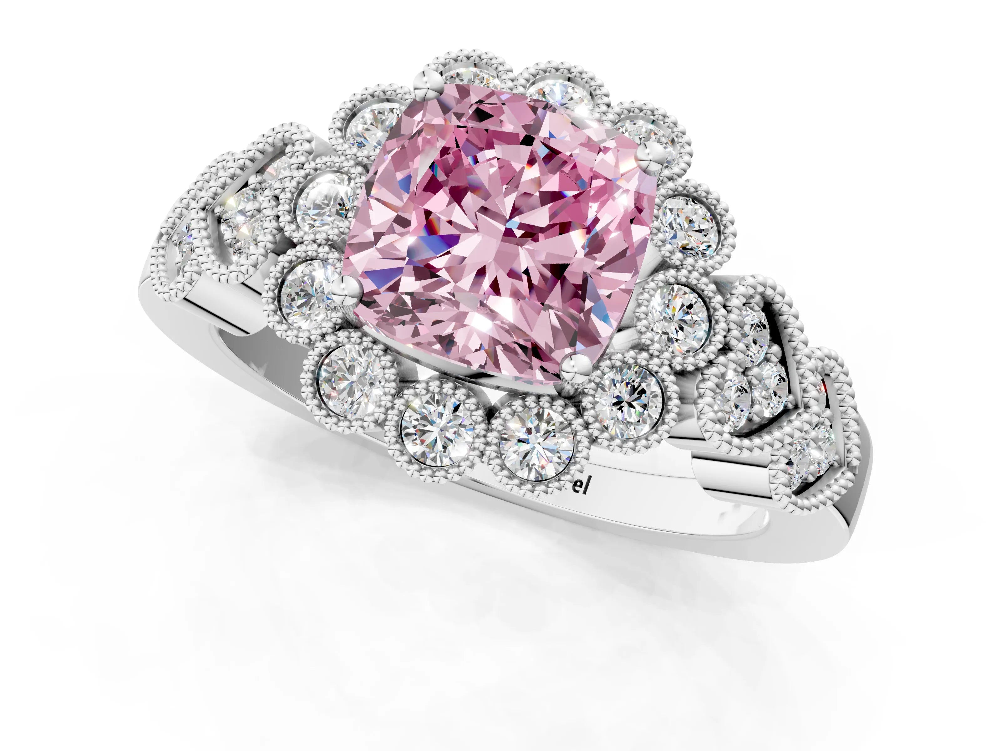 White gold Fancy Pink Cushion Cut Brilliant Milgrain Pave Heart Band Solitaire Ring_13