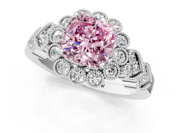 Platinum Fancy Pink Cushion Cut Brilliant Milgrain Pave Heart Band Solitaire Ring