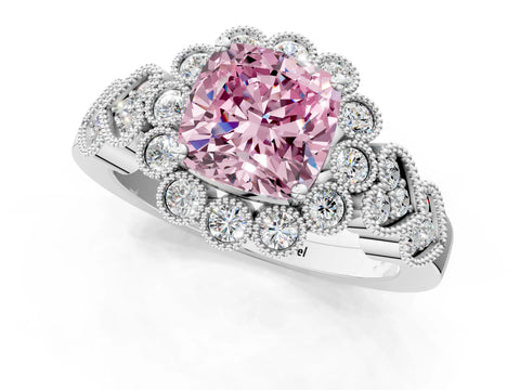 White gold Fancy Pink Cushion Cut Brilliant Milgrain Pave Heart Band Solitaire Ring_13