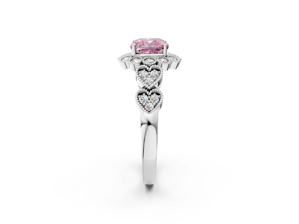 Platinum Fancy Pink Cushion Cut Brilliant Milgrain Pave Heart Band Solitaire Ring
