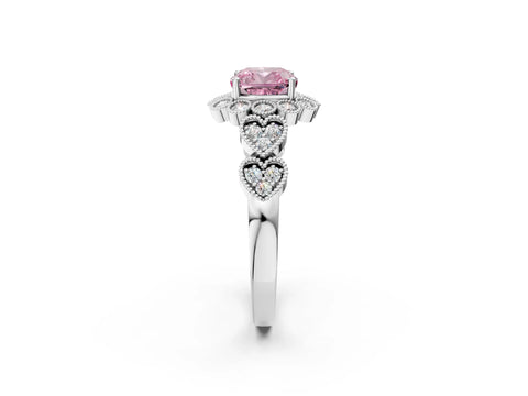 White gold Fancy Pink Cushion Cut Brilliant Milgrain Pave Heart Band Solitaire Ring_14