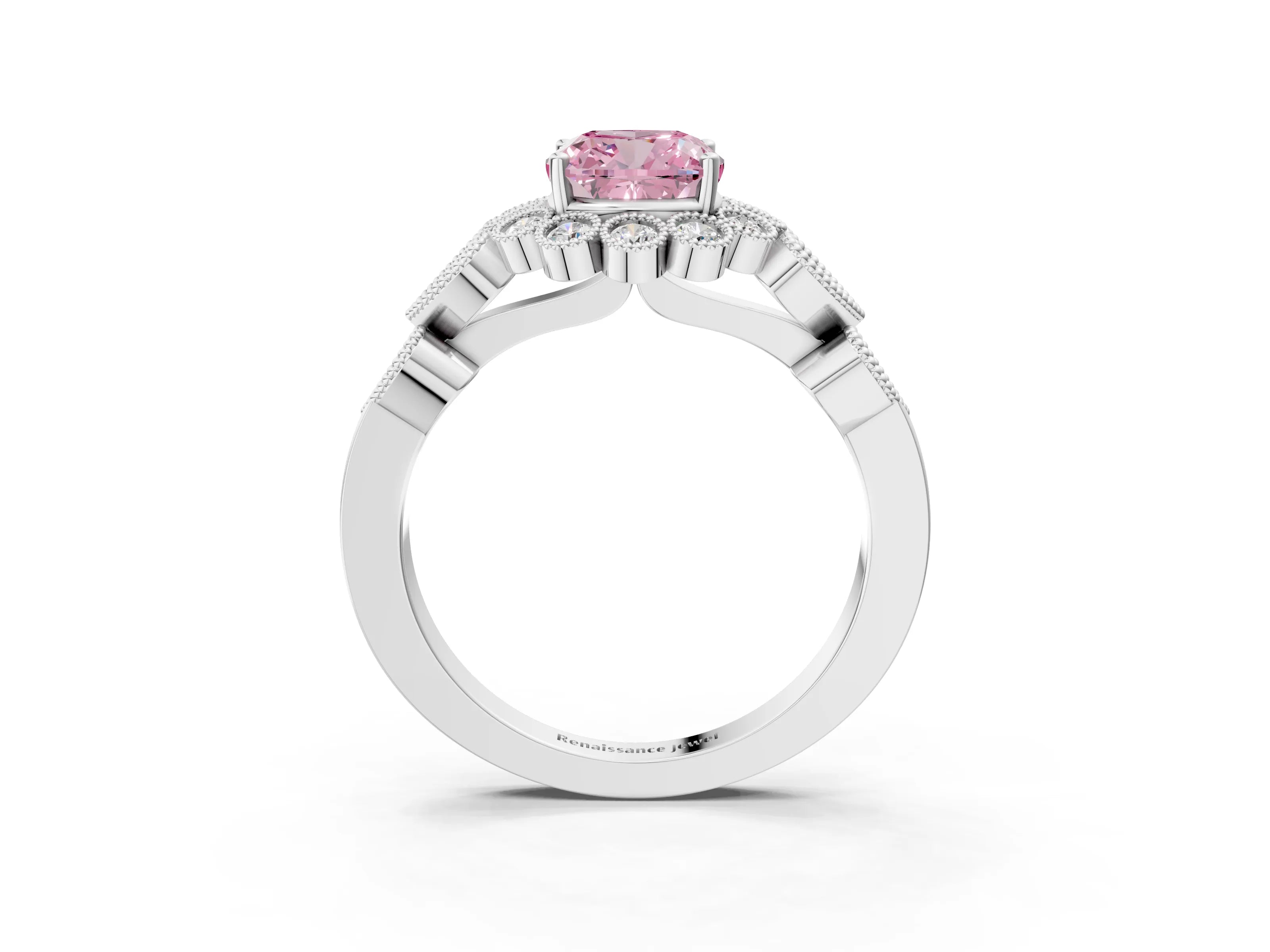 White gold Fancy Pink Cushion Cut Brilliant Milgrain Pave Heart Band Solitaire Ring_15