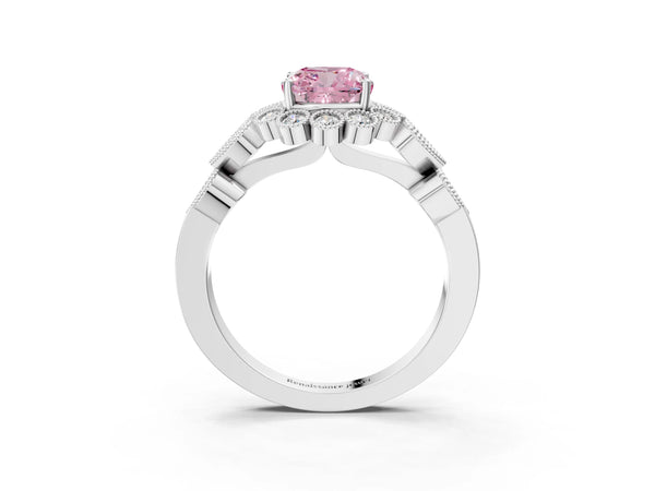 Platinum Fancy Pink Cushion Cut Brilliant Milgrain Pave Heart Band Solitaire Ring
