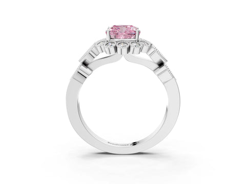 White gold Fancy Pink Cushion Cut Brilliant Milgrain Pave Heart Band Solitaire Ring_15