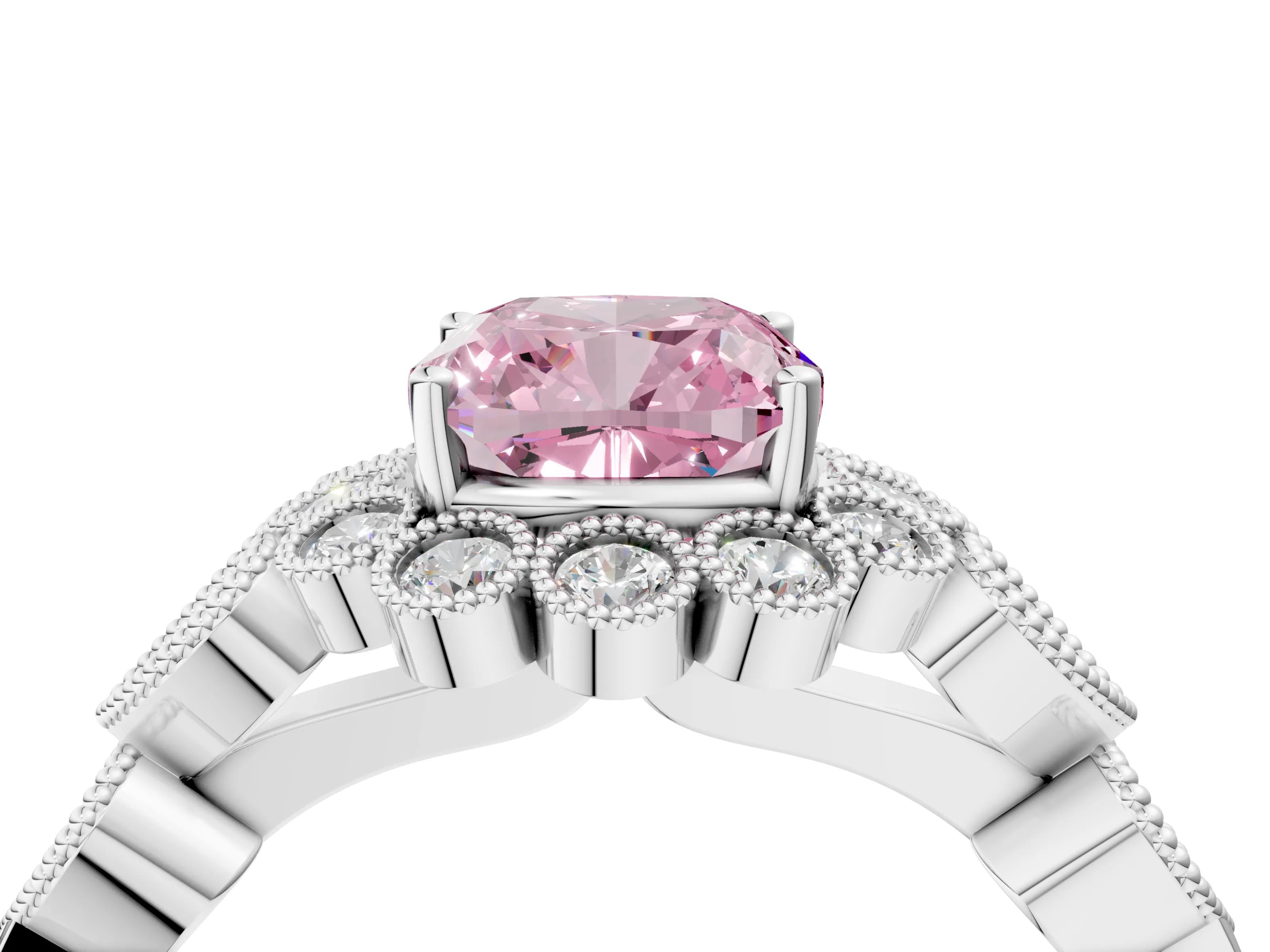 White gold Fancy Pink Cushion Cut Brilliant Milgrain Pave Heart Band Solitaire Ring_16