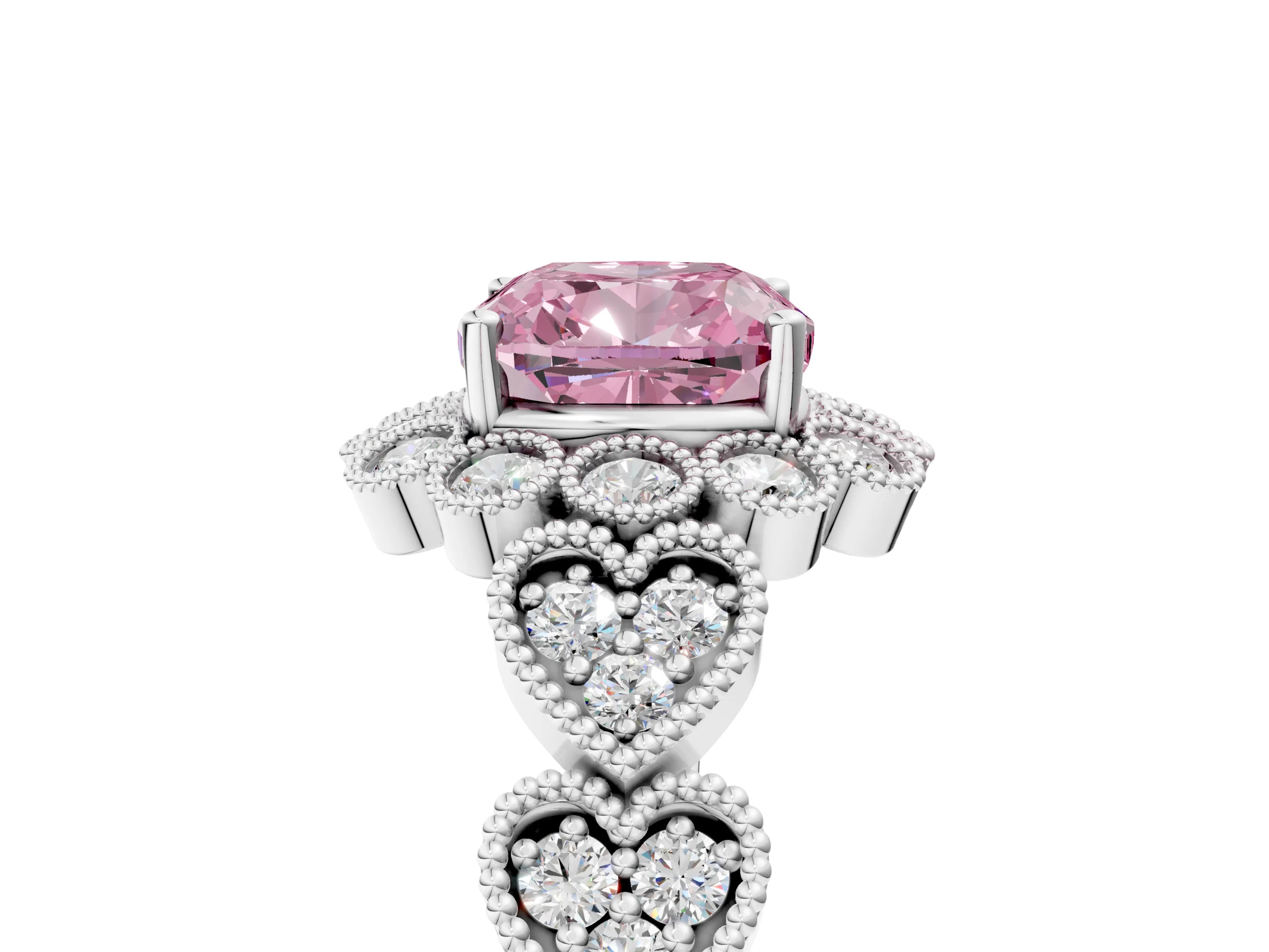 White gold Fancy Pink Cushion Cut Brilliant Milgrain Pave Heart Band Solitaire Ring_17