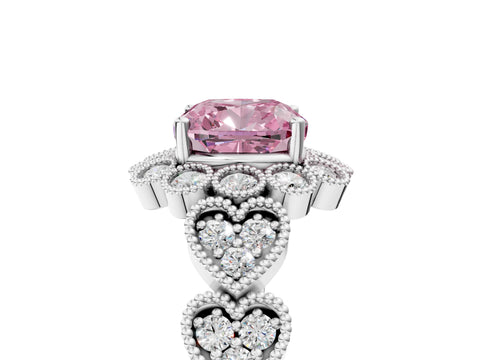 White gold Fancy Pink Cushion Cut Brilliant Milgrain Pave Heart Band Solitaire Ring_17