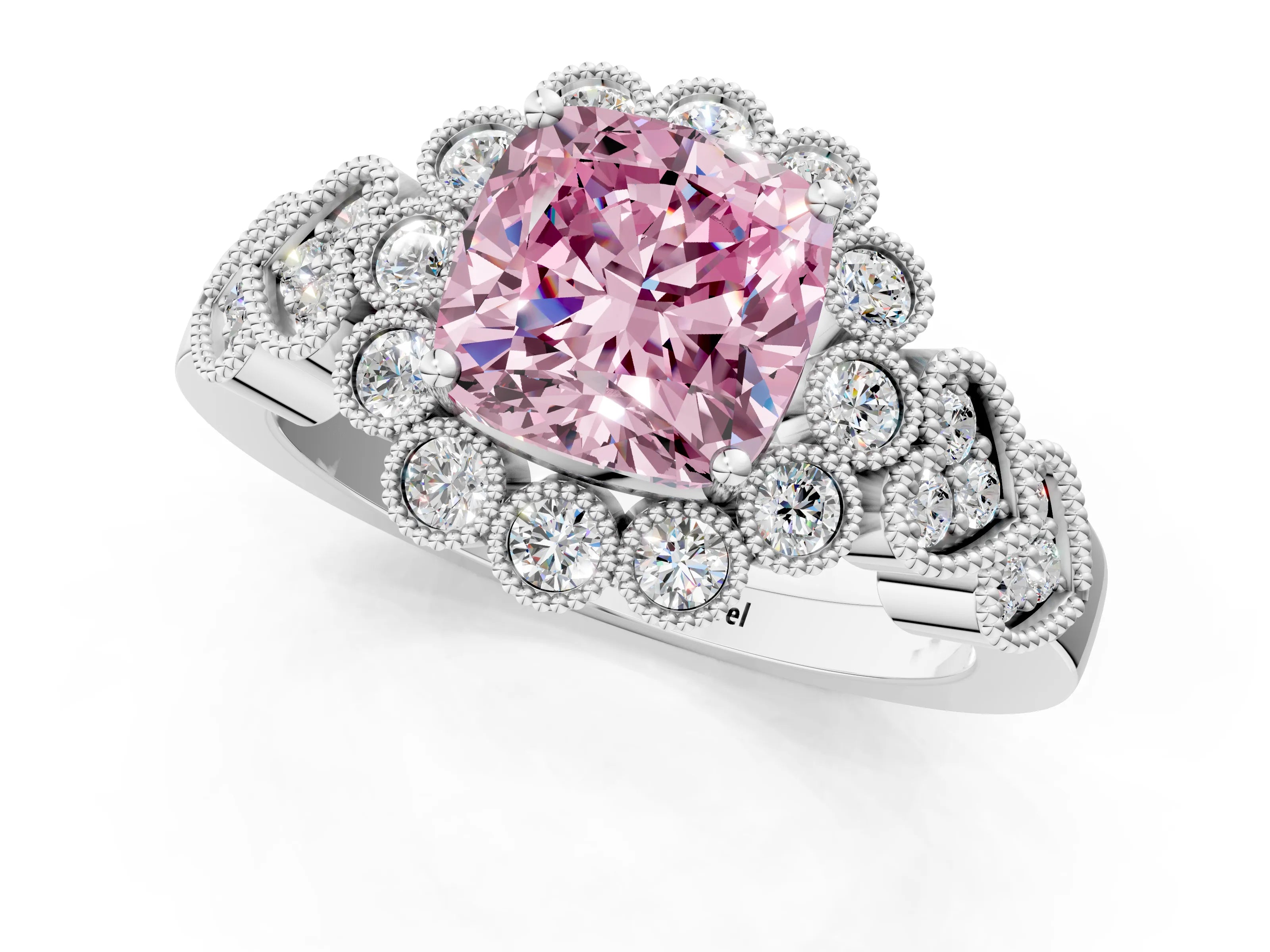 White gold Fancy Pink Cushion Cut Brilliant Milgrain Pave Heart Band Solitaire Ring_1
