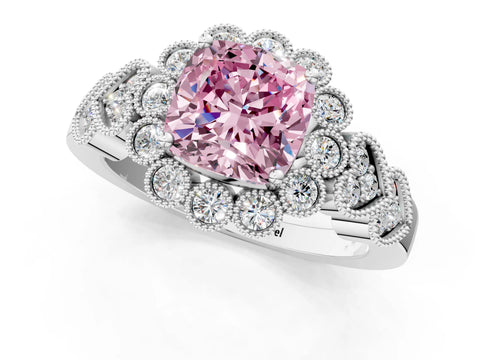 White gold Fancy Pink Cushion Cut Brilliant Milgrain Pave Heart Band Solitaire Ring_1