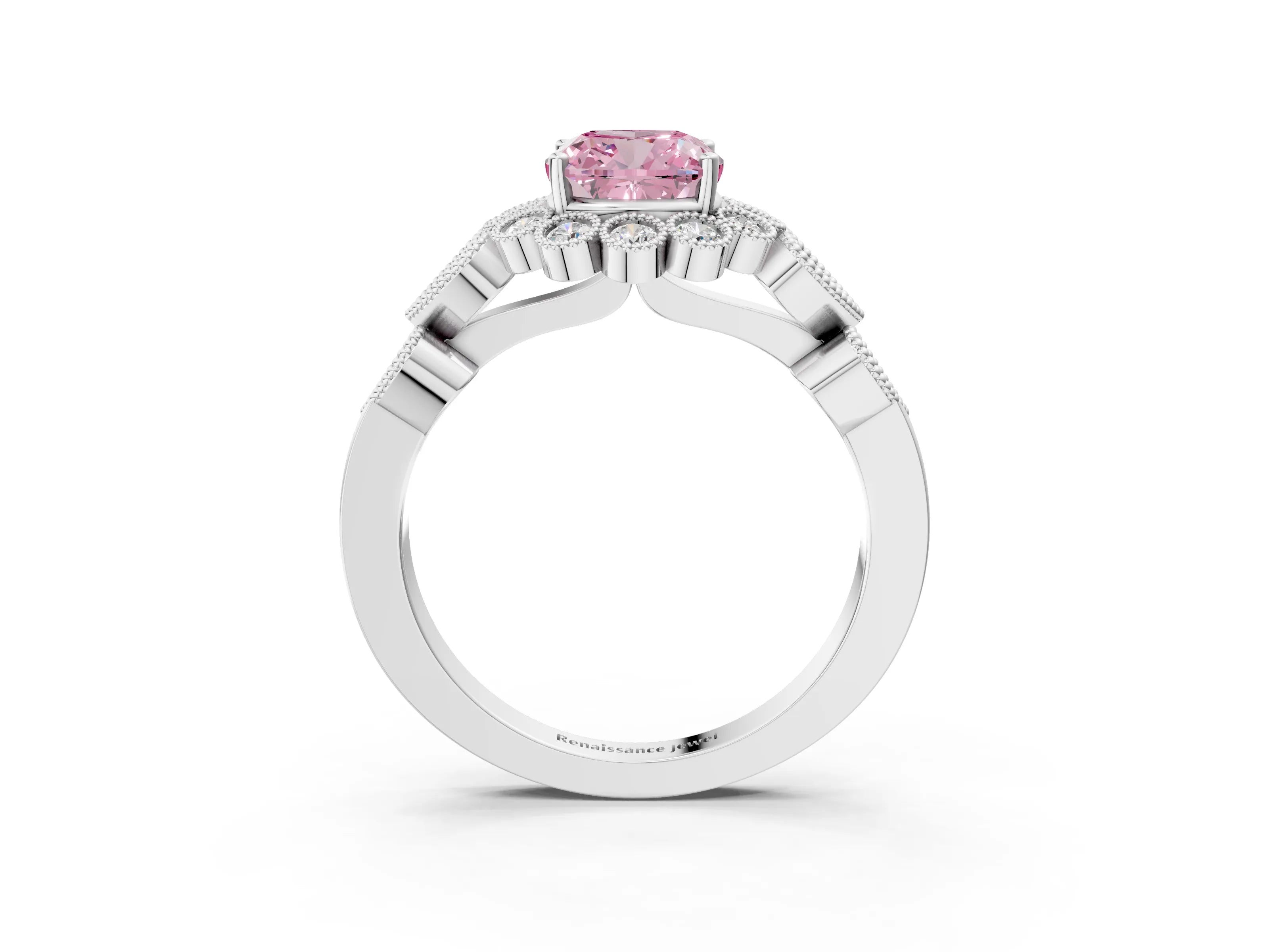 White gold Fancy Pink Cushion Cut Brilliant Milgrain Pave Heart Band Solitaire Ring_3